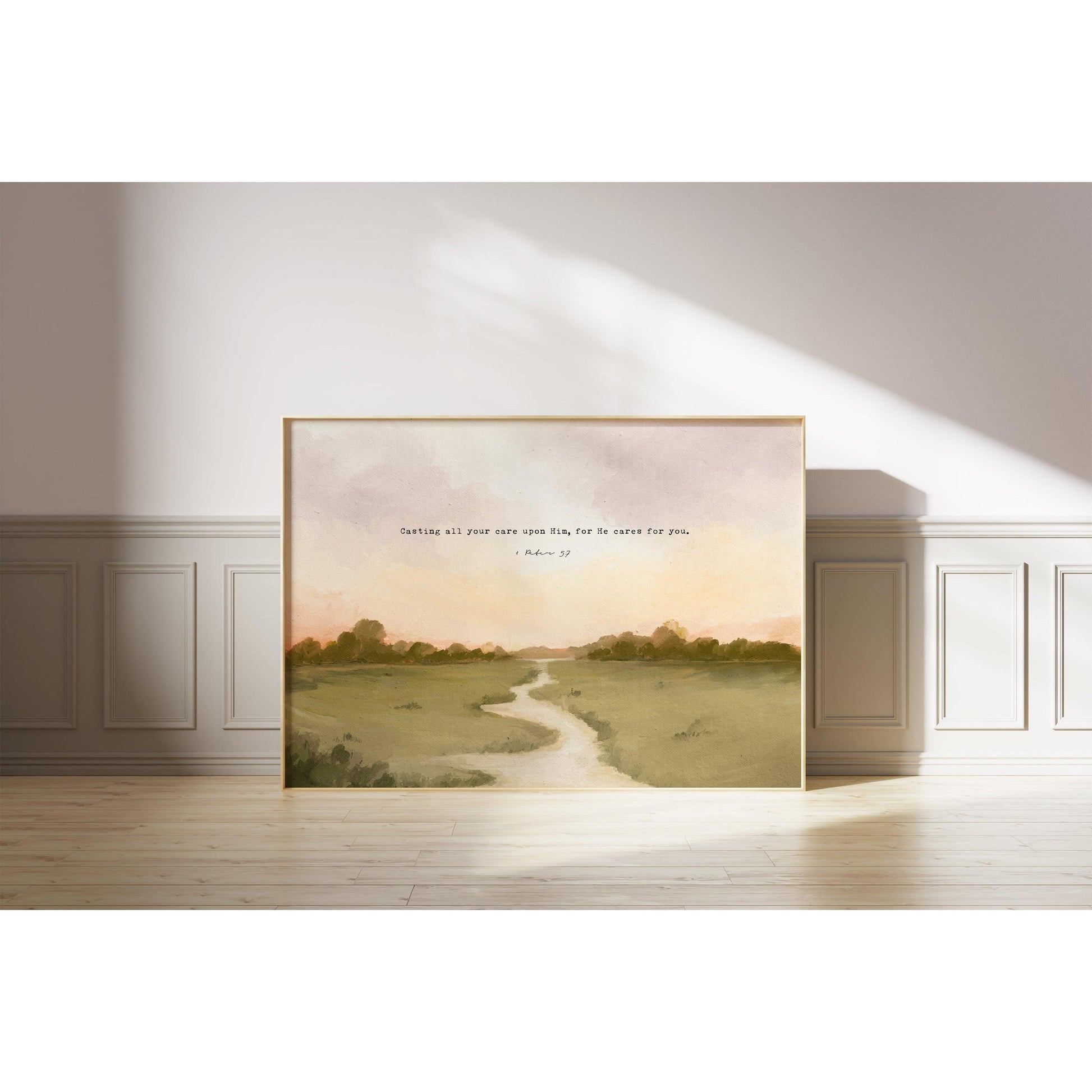 Christian Art | Vintage Landscape with Scripture 1 Peter 5:7 "Casting Your Cares"