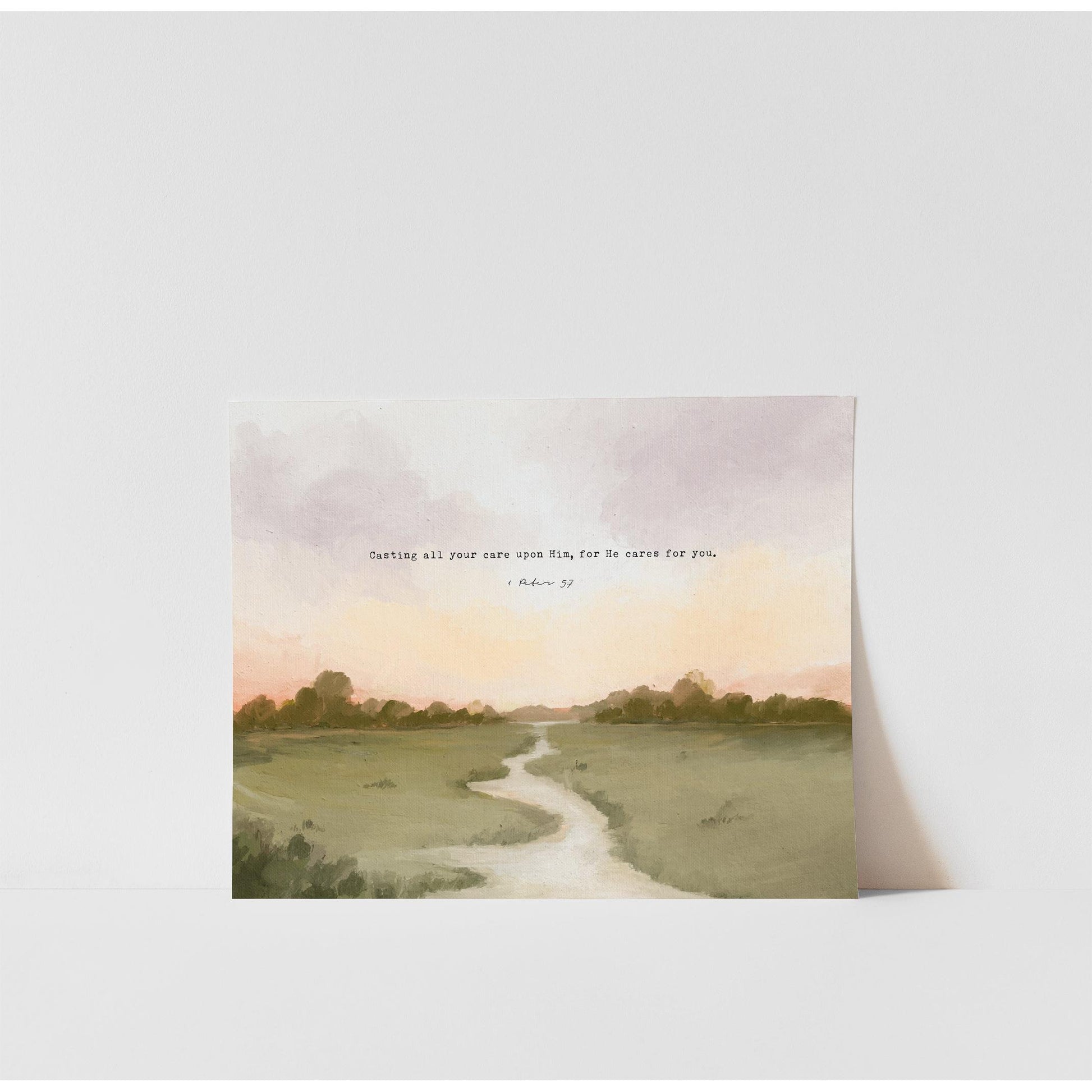 Christian Art | Vintage Landscape with Scripture 1 Peter 5:7 "Casting Your Cares"