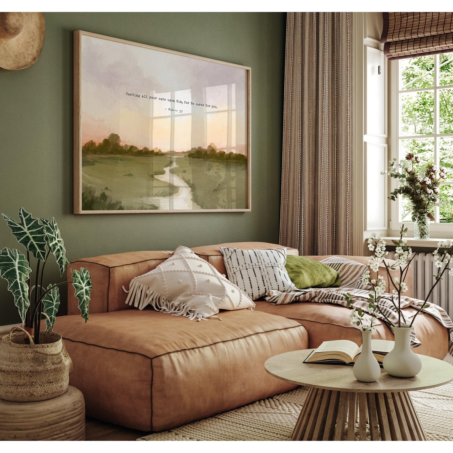 Christian Art | Vintage Landscape with Scripture 1 Peter 5:7 "Casting Your Cares"