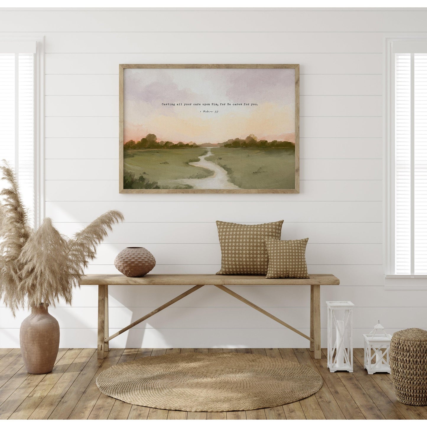 Christian Art | Vintage Landscape with Scripture 1 Peter 5:7 "Casting Your Cares"