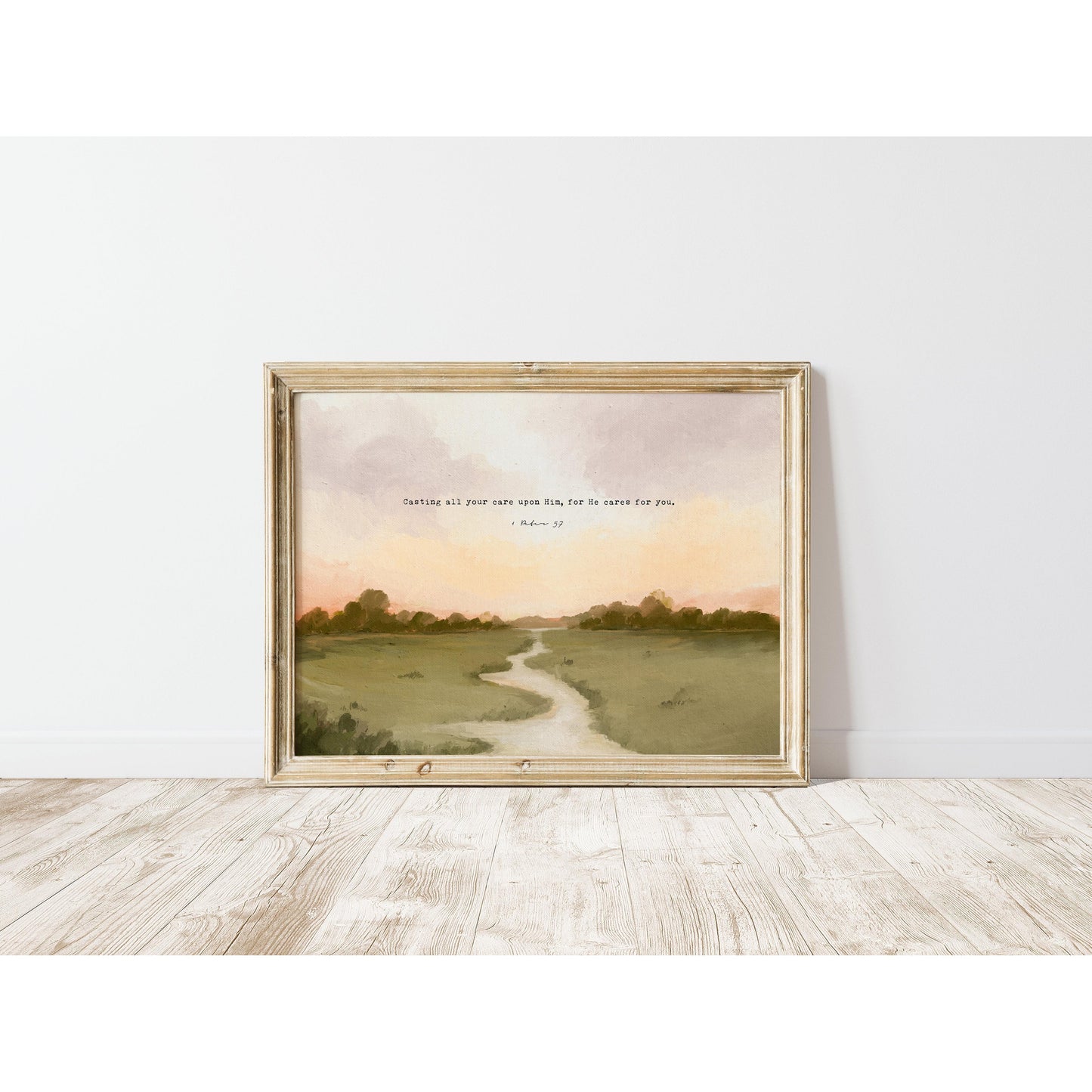 Christian Art | Vintage Landscape with Scripture 1 Peter 5:7 "Casting Your Cares"
