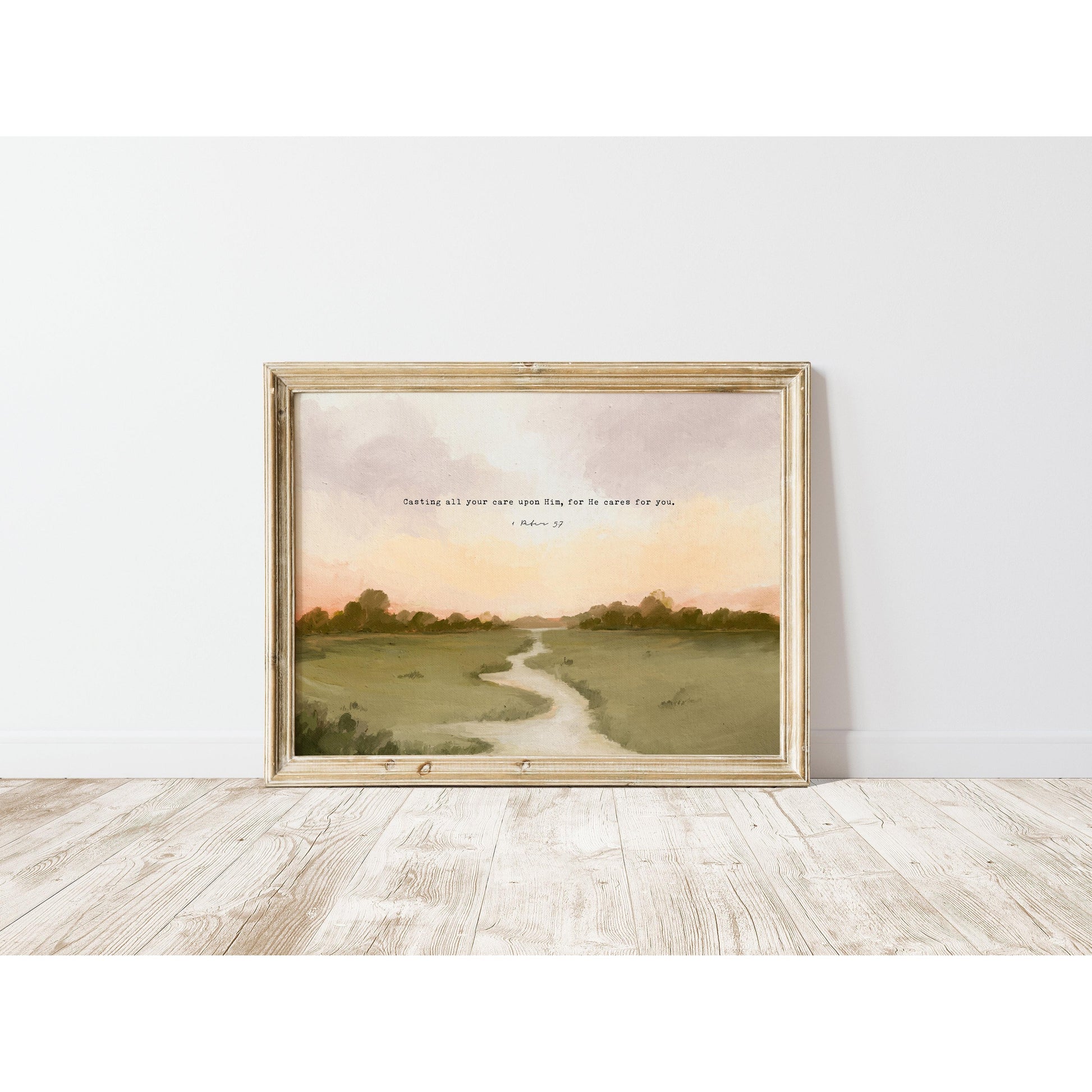 Christian Art | Vintage Landscape with Scripture 1 Peter 5:7 "Casting Your Cares"