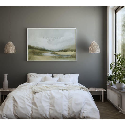 Christian Art | Vintage Landscape with Scripture Psalm 23 "Still Waters"