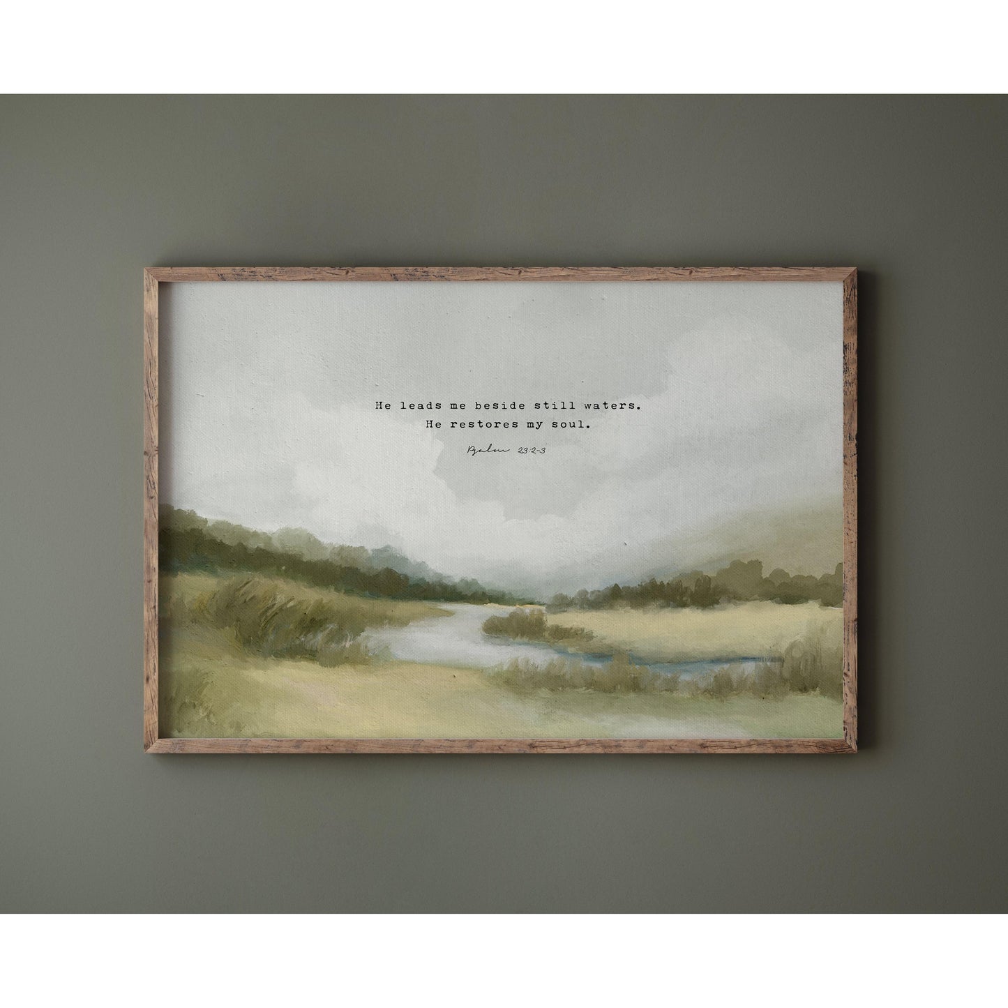 Christian Art | Vintage Landscape with Scripture Psalm 23 "Still Waters"