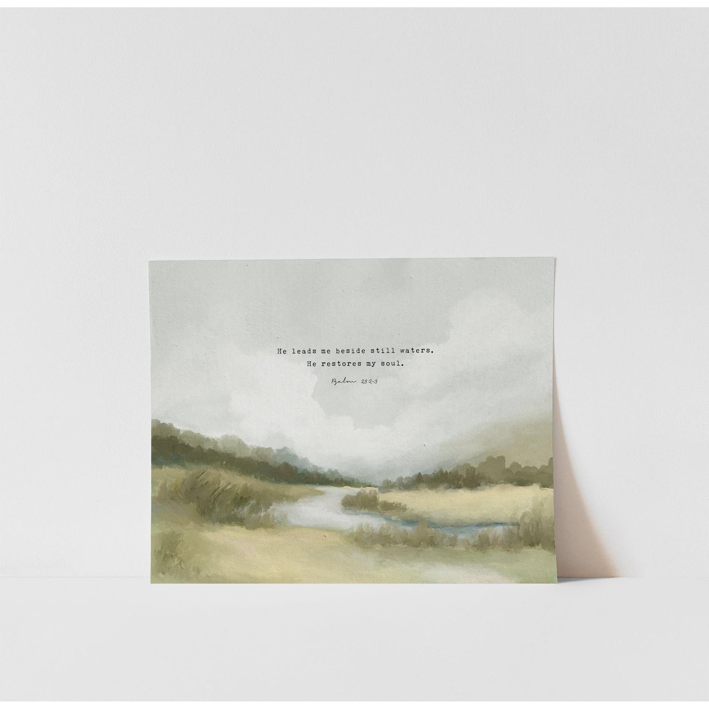 Christian Art | Vintage Landscape with Scripture Psalm 23 "Still Waters"