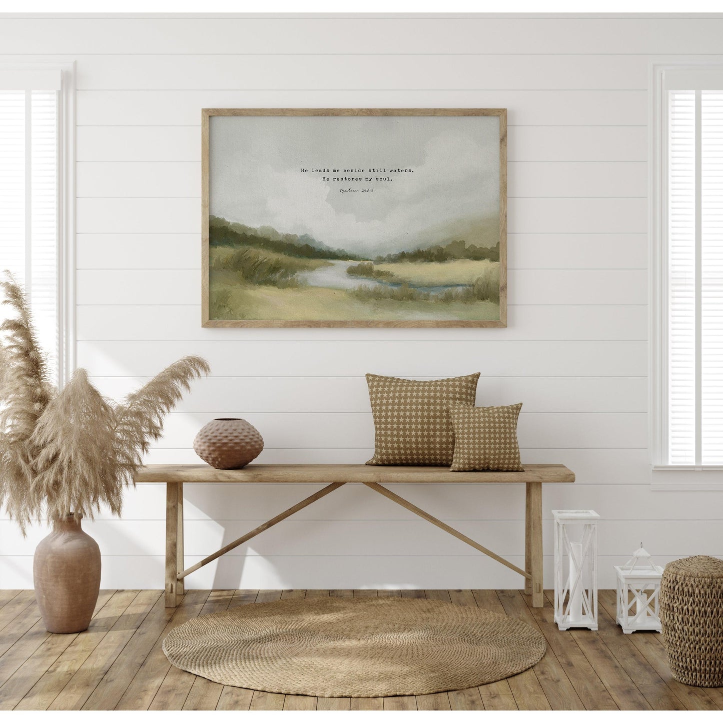 Christian Art | Vintage Landscape with Scripture Psalm 23 "Still Waters"