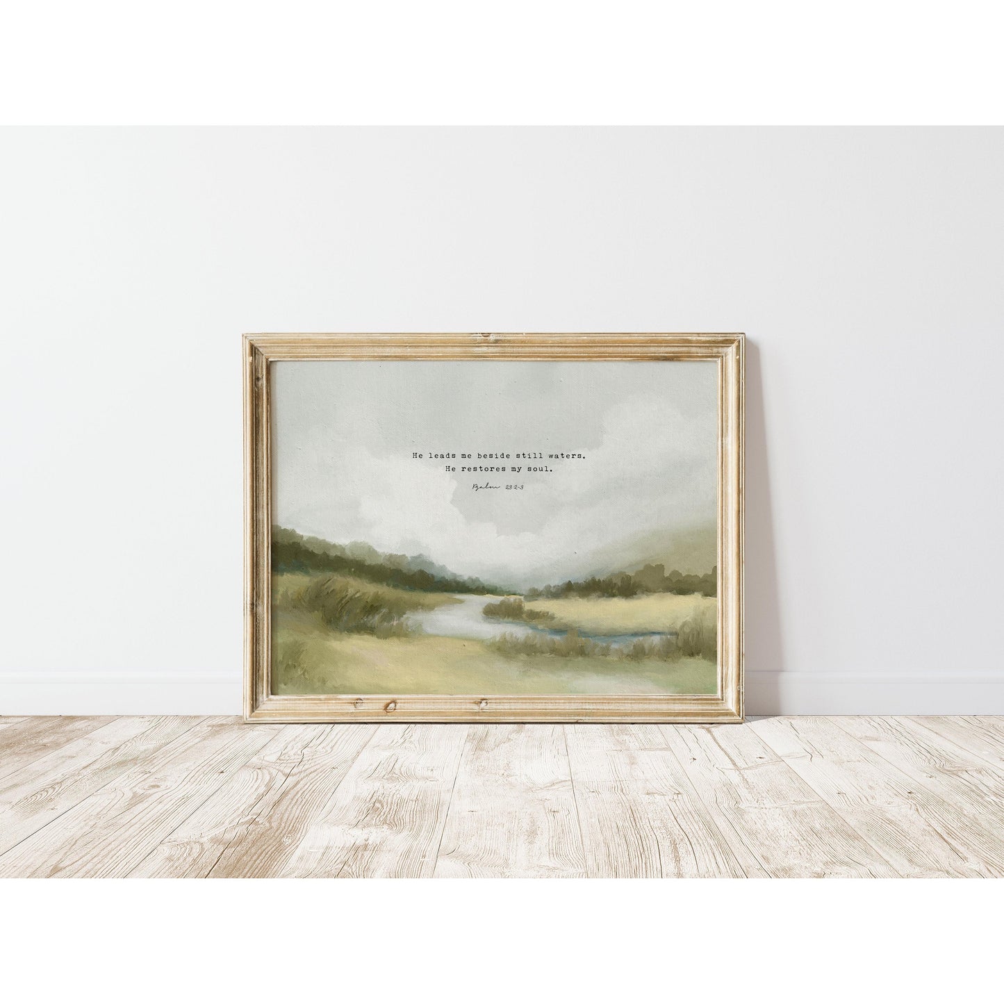 Christian Art | Vintage Landscape with Scripture Psalm 23 "Still Waters"