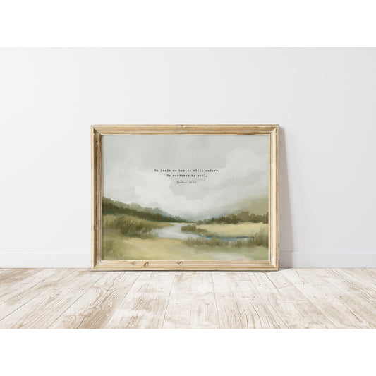 Christian Art | Vintage Landscape with Scripture Psalm 23 "Still Waters"