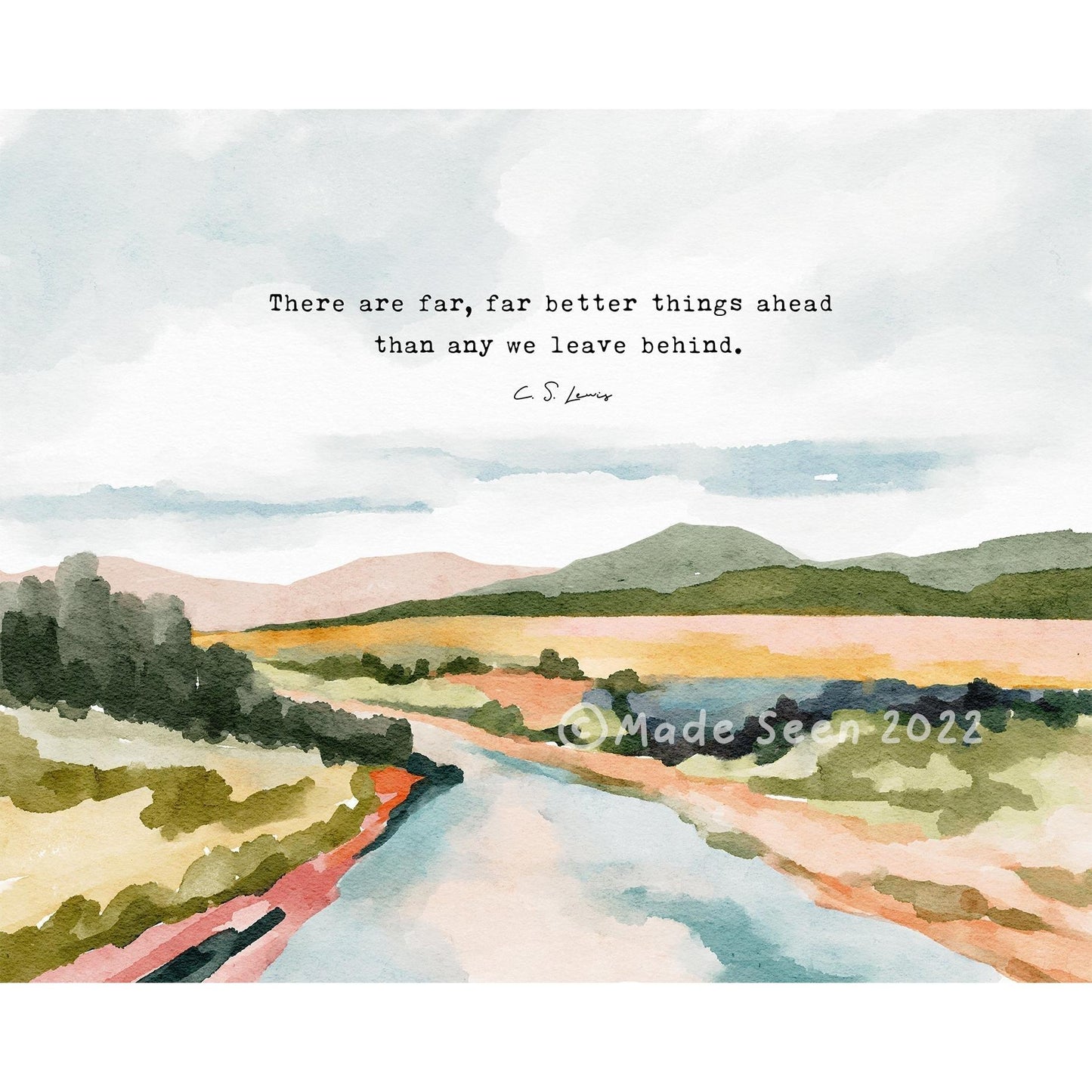 Christian Art Watercolor Landscape - C S Lewis Quote