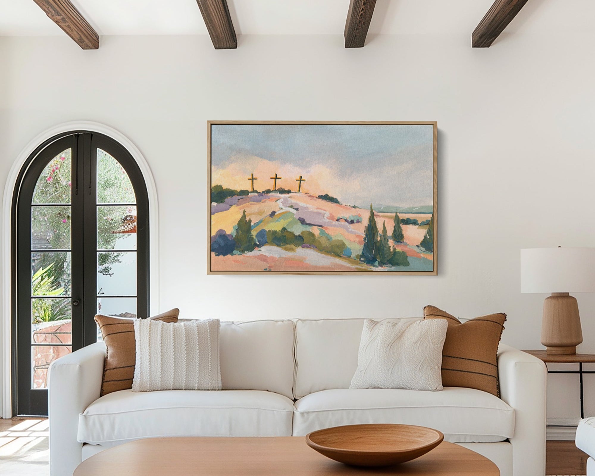 Christian home Living room with Christian wall art - Three Crosses on Hill full of hope