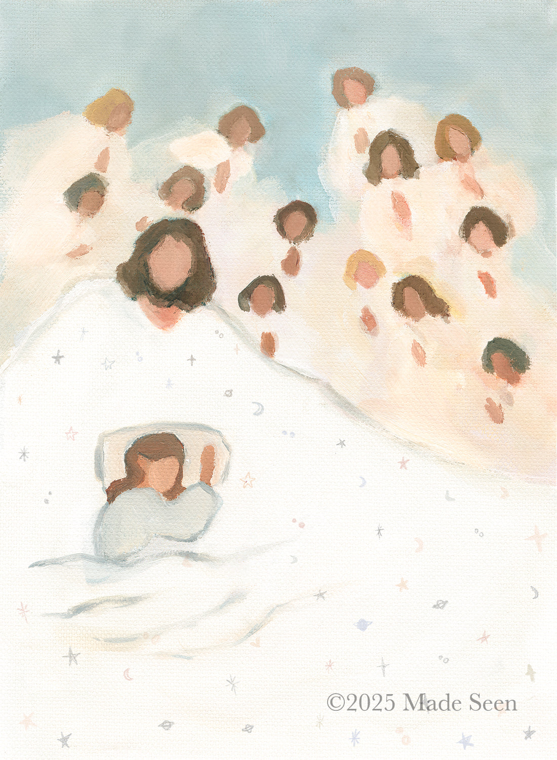 Christian nursery wall art of Jesus and angels watching over a sleeping child