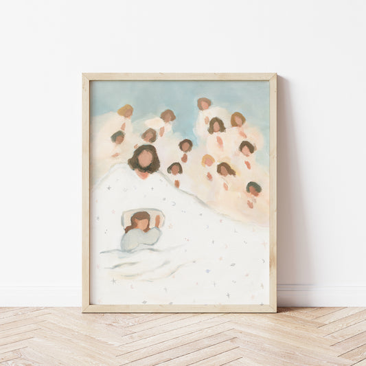 Christian nursery wall art of Jesus and angels watching over a sleeping child