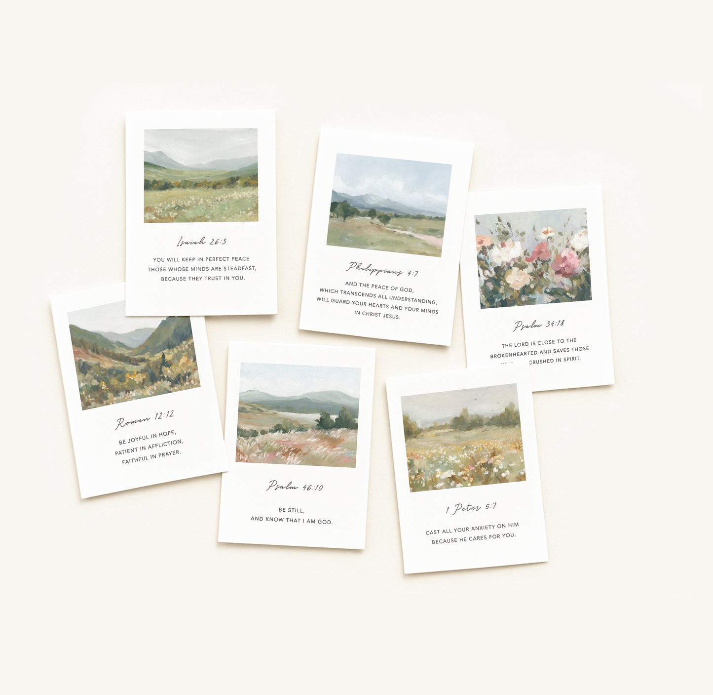 Set of six Christian Scripture cards designed to bring peace and comfort, featuring verses from 1 Peter 5:7, Isaiah 26:3, Psalm 34:18, Romans 12:12, Philippians 4:7, and Psalm 46:10.