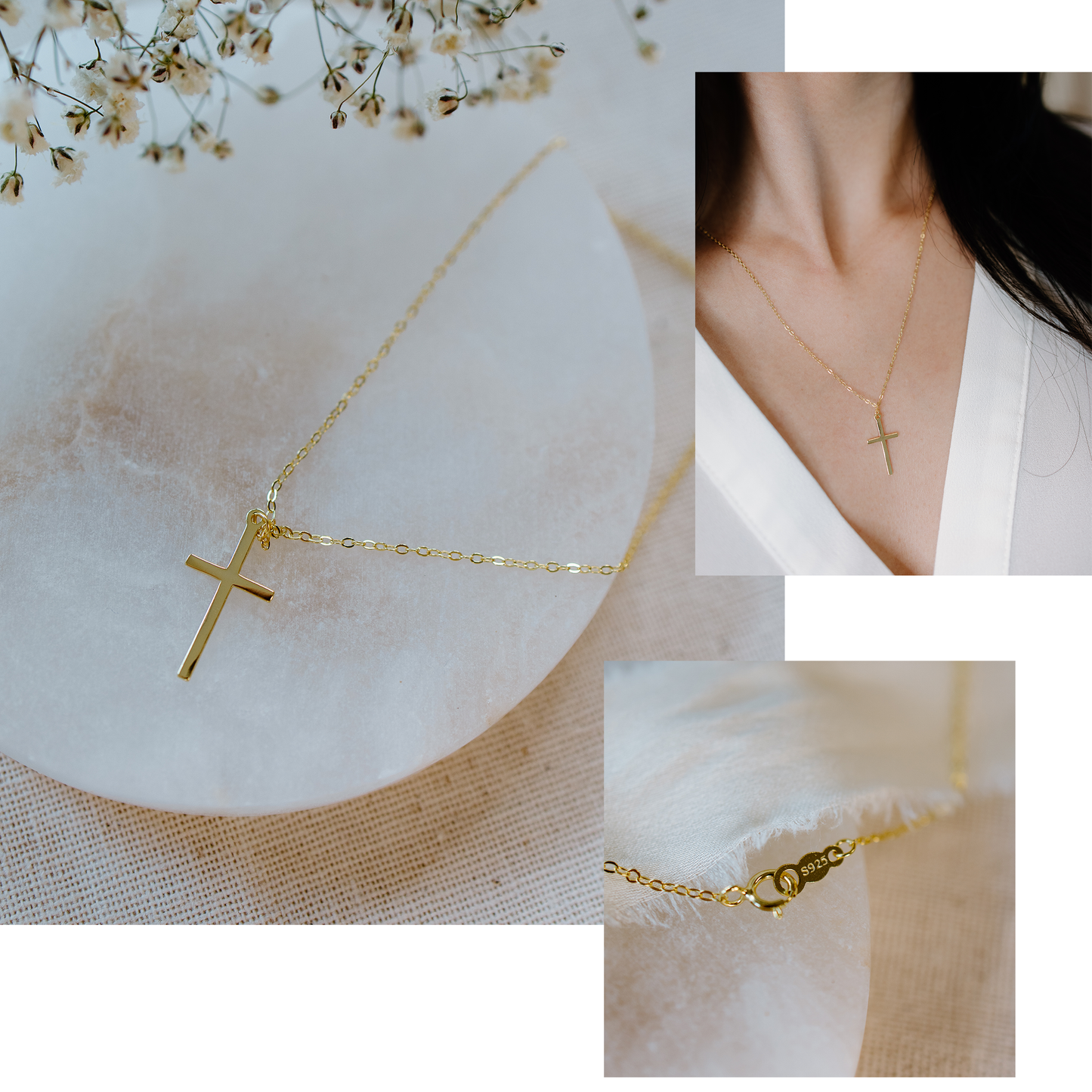 Elegant gold-plated sterling silver cross necklace resting on linen fabric — a reminder of God’s presence and peace.