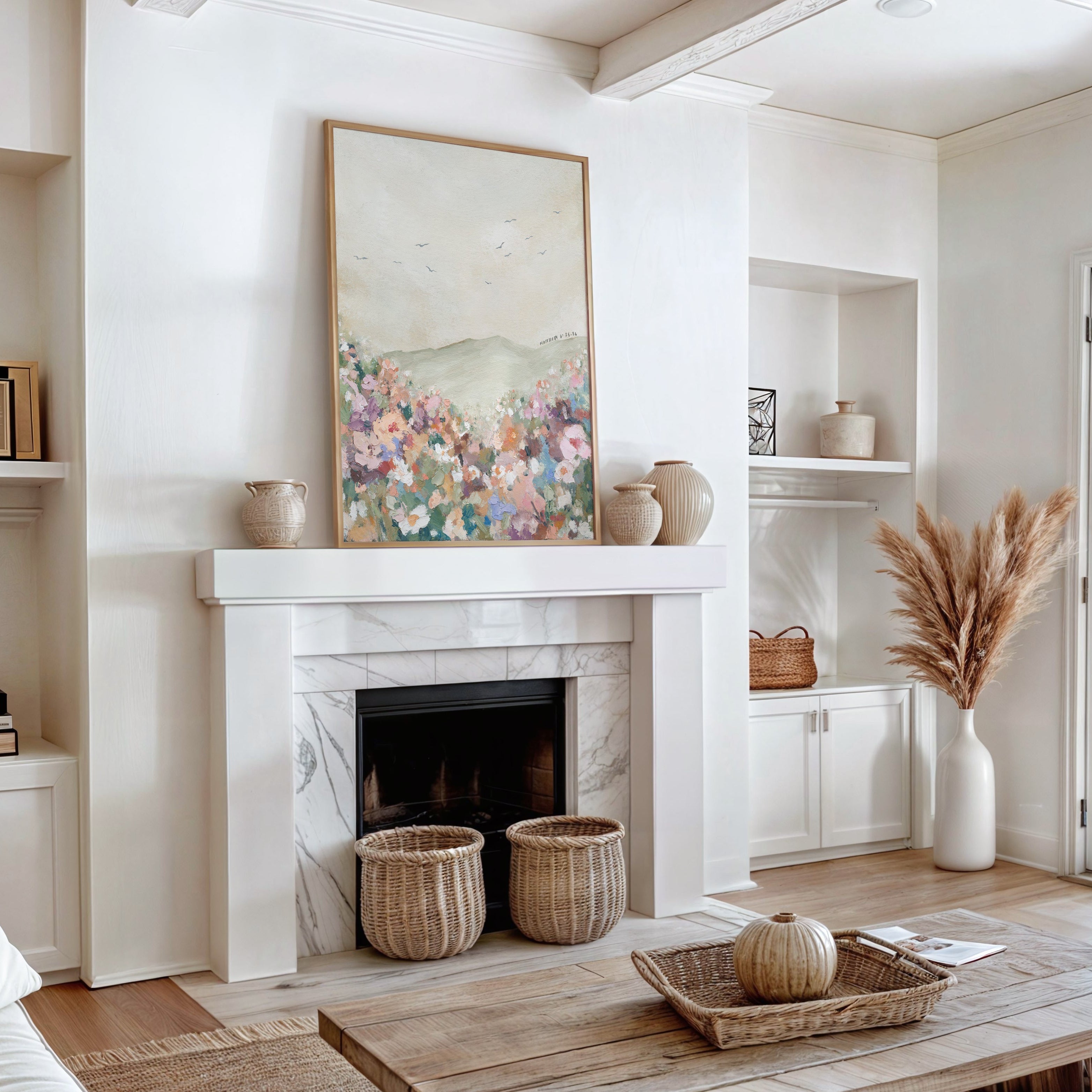 Modern Christian Home living room with a fireplace, wooden coffee table, and decorative elements.