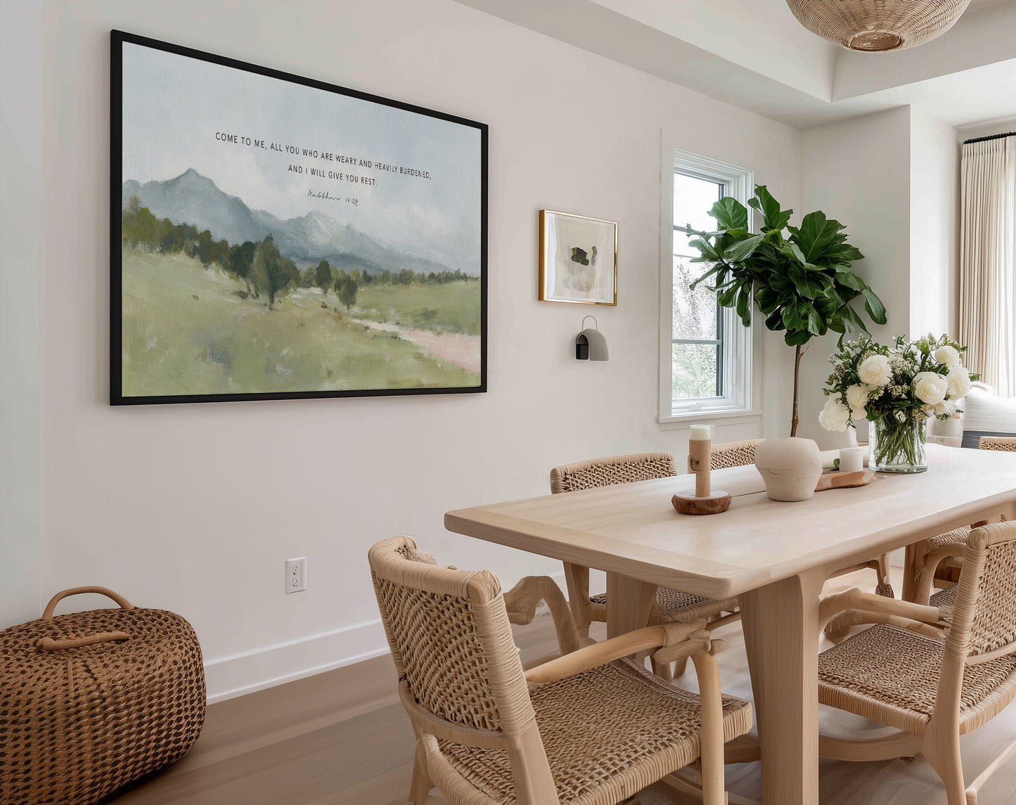 Peaceful Bible verse wall art Matthew 11:28 for restful decor