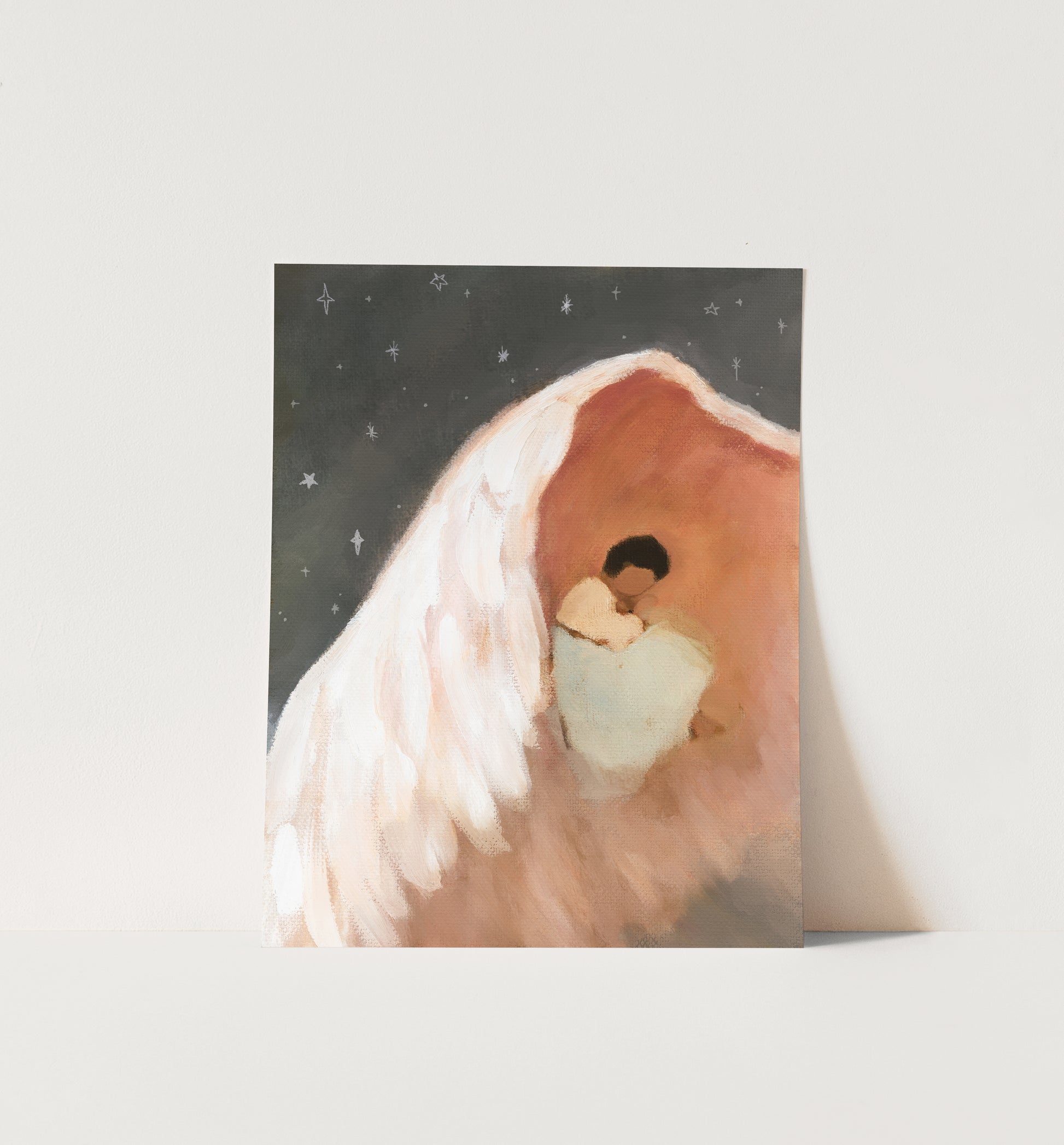 Art print of Christian nursery wall art of child resting under God’s wing