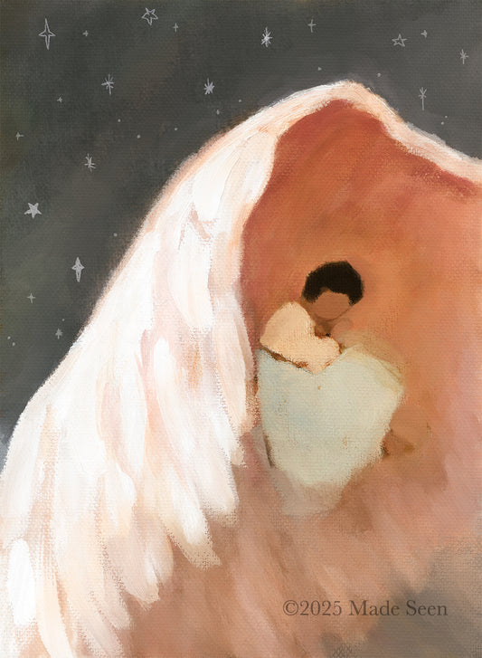 Christian nursery wall art of child resting under God’s wing