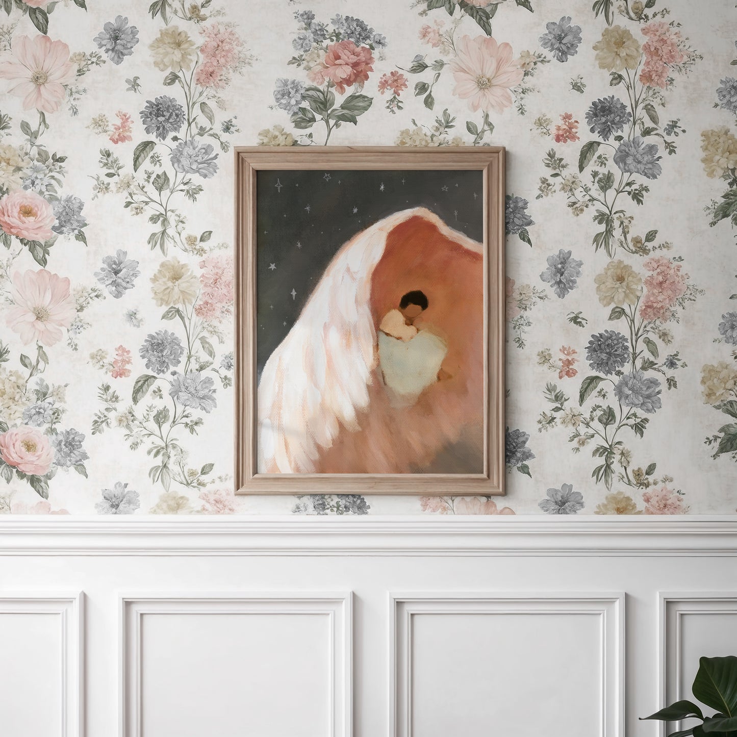 Christian nursery wall art of child resting under God’s wing