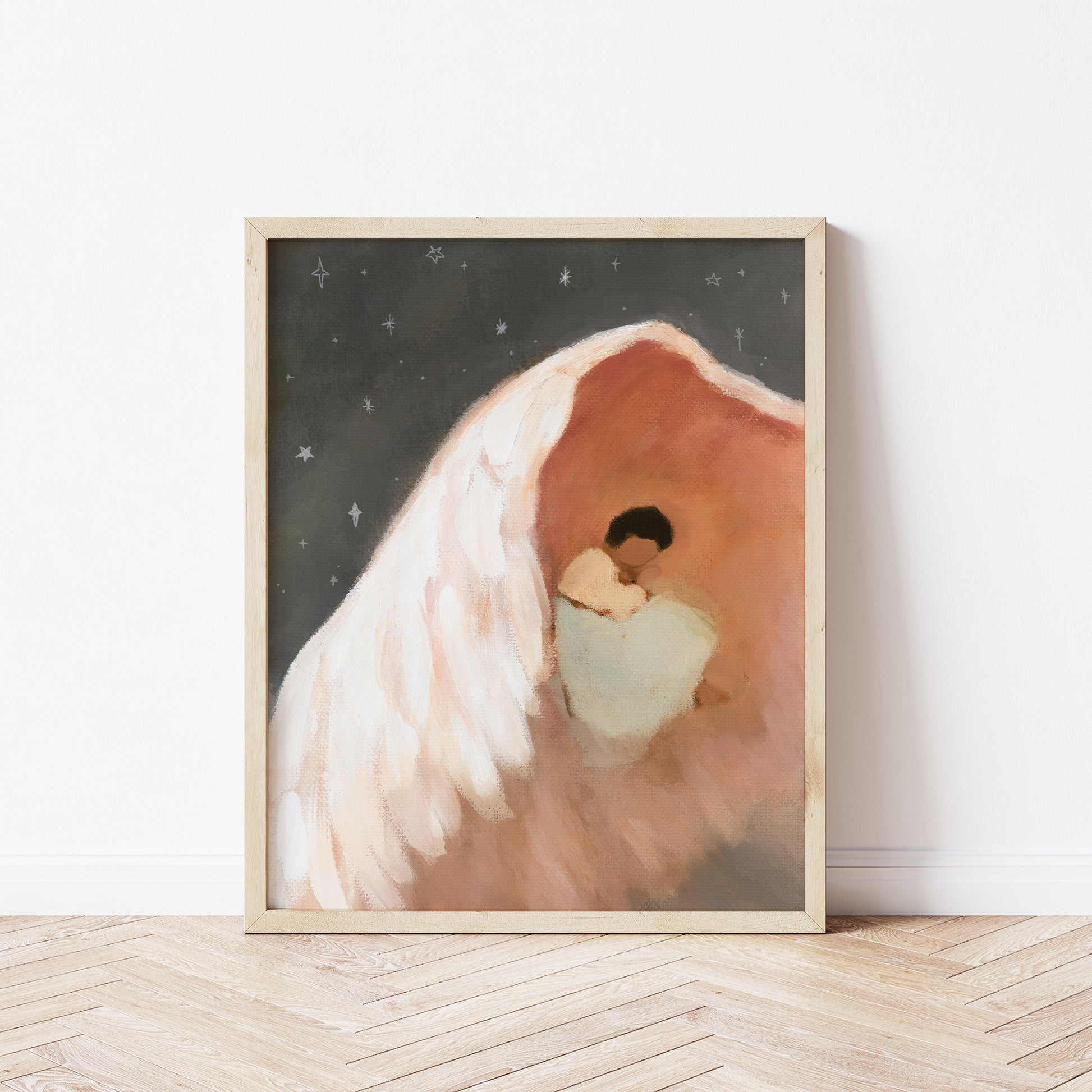 Christian nursery wall art of child resting under God’s wing