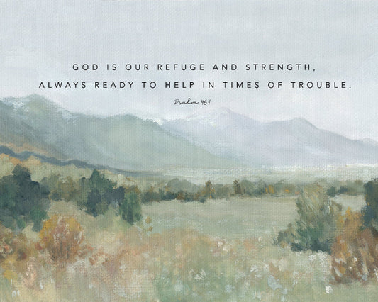 Christian landscape wall art print of valley and mountains Psalm 46:1
