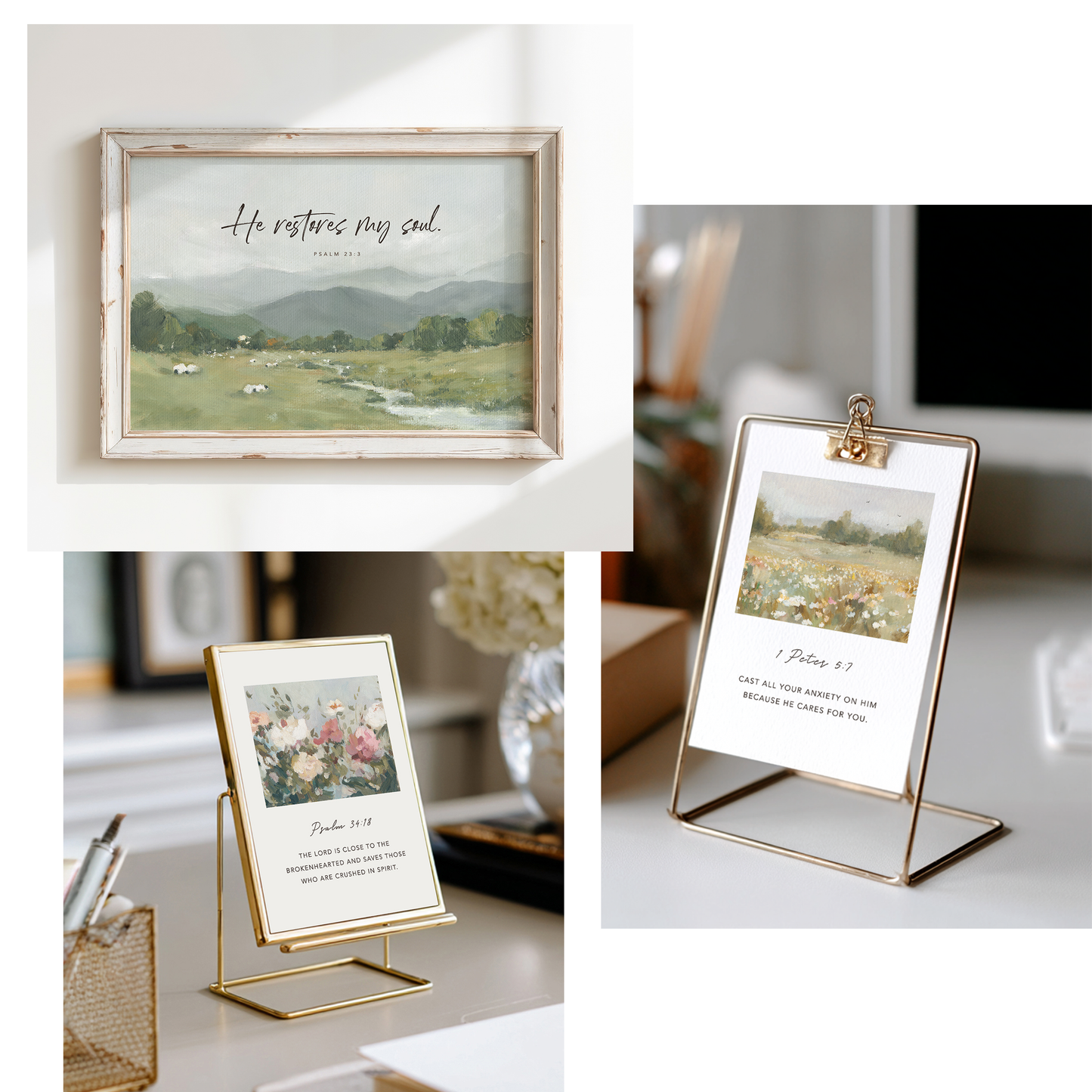 Set of six Christian Scripture cards designed to bring peace and comfort, featuring verses from 1 Peter 5:7, Isaiah 26:3, Psalm 34:18, Romans 12:12, Philippians 4:7, and Psalm 46:10.