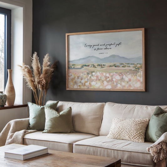 Framed Christian art of Floral field landscape wall art with mountains in the distance featuring James 1:17 Scripture