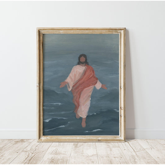 Take Heart painting of Jesus walking on water in soft ocean tones