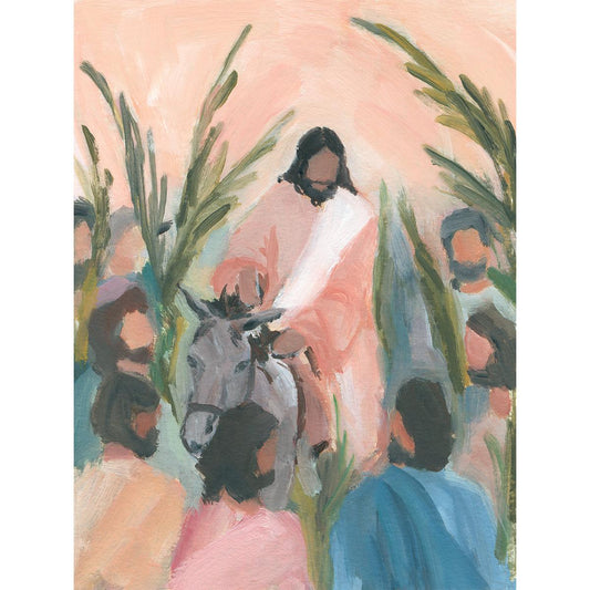 Jesus on donkey and palm branches in oil-style Christian artwork
