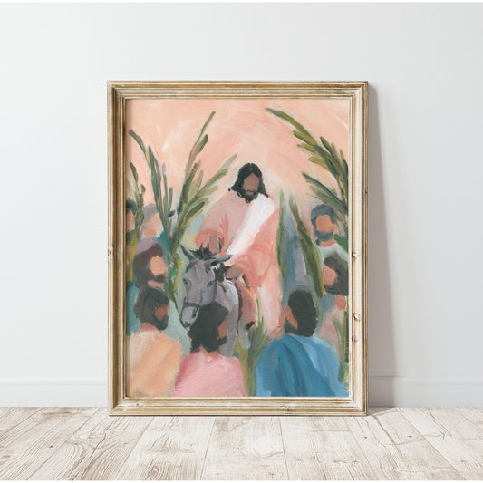 Humble and Meek painting of Jesus entering Jerusalem on donkey with palms