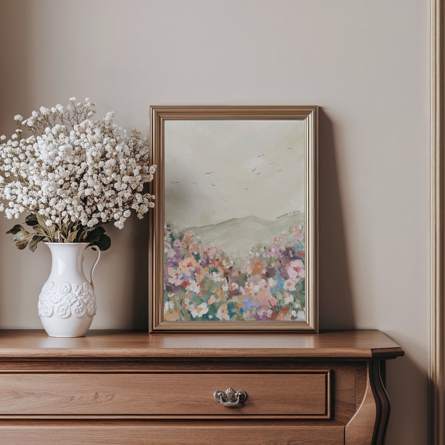 Modern Christian Art Print of Birds & Flowers | "Even the Flowers Know" | Matthew 6