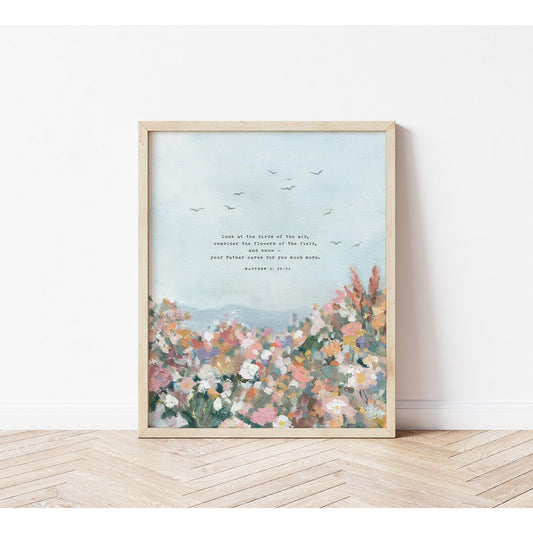 Modern Christian Art Print of Birds & Florals | Matthew 6 | "More Than Sparrows"