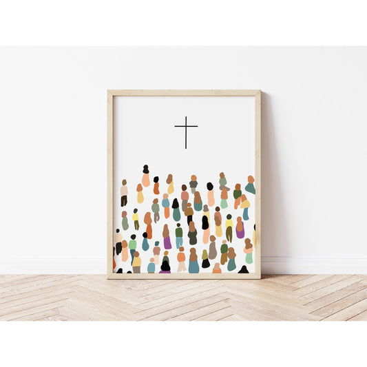 Modern Christian Art Print - Diverse People with the Cross