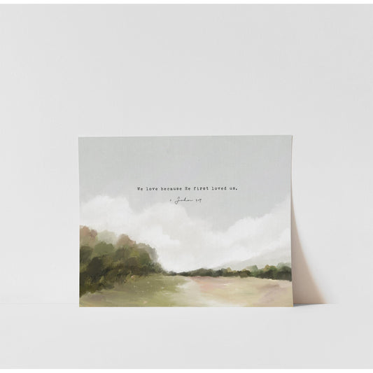 Modern Christian Art | Vintage Landscape with 1 John 4:19 - Faith-Inspired Wall Decor