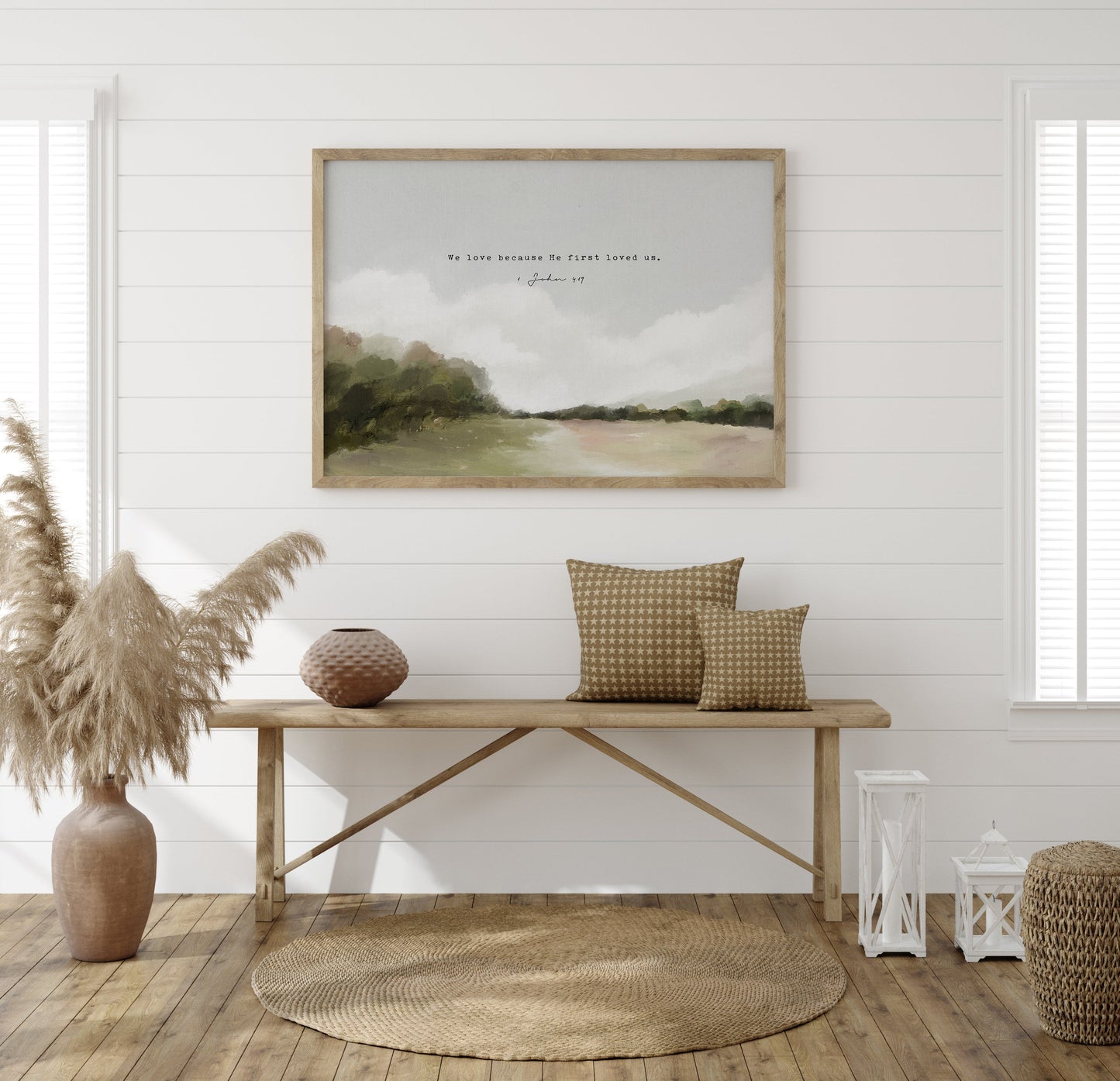 Modern Christian Art | Vintage Landscape with 1 John 4:19 - Faith-Inspired Wall Decor