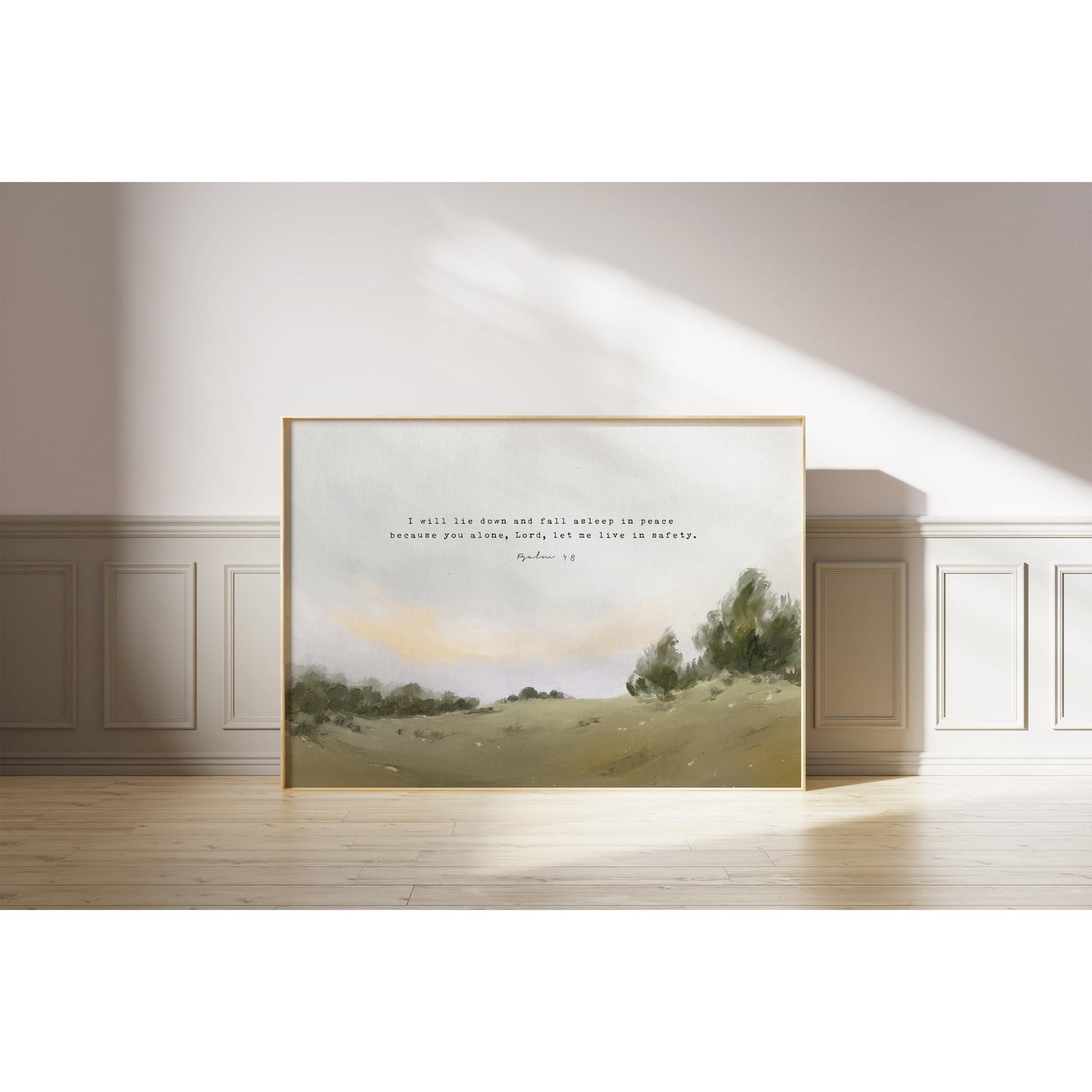 Modern Christian Art | Vintage Landscape with Psalm 4:8