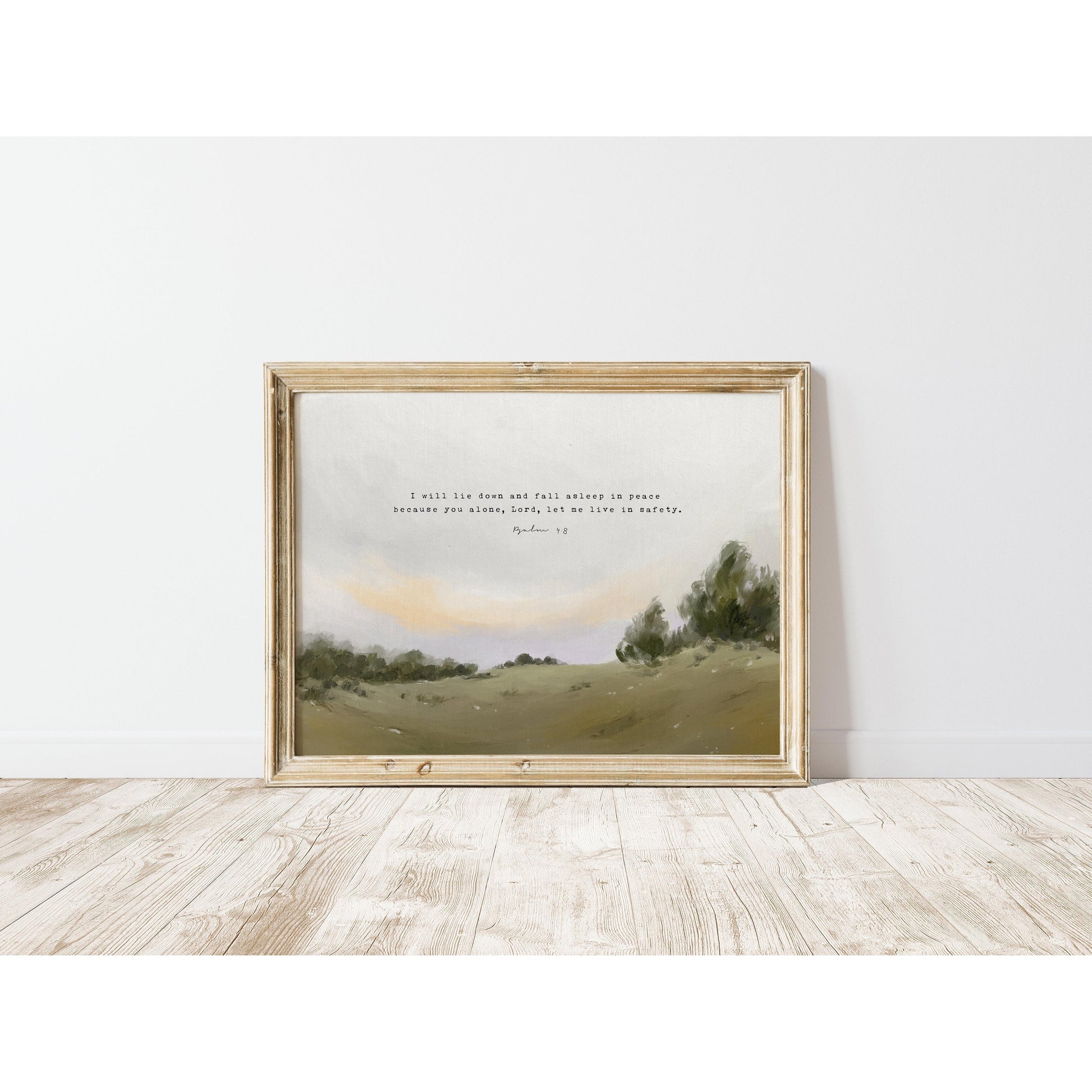Modern Christian Art | Vintage Landscape with Psalm 4:8