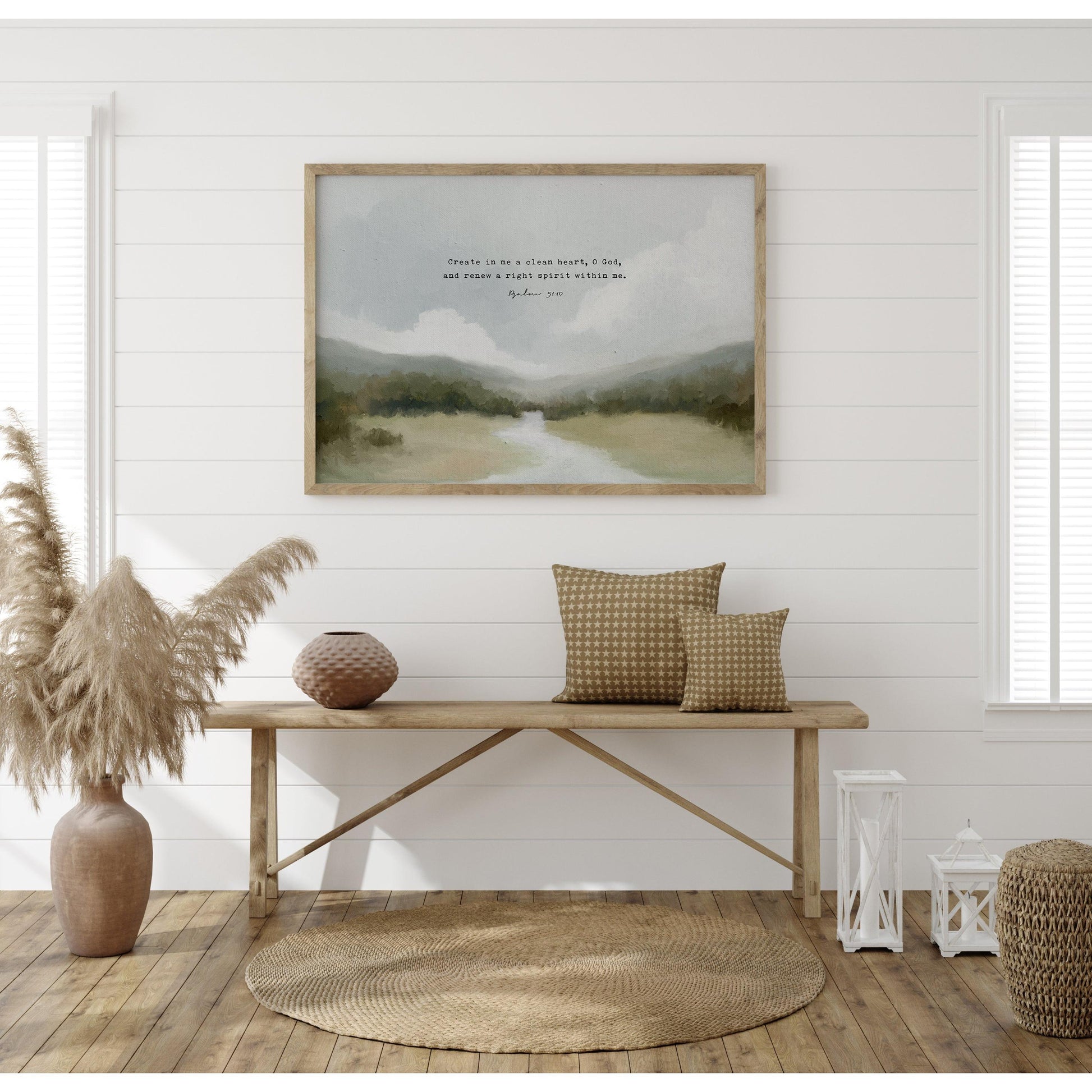 Modern Christian Art | Vintage Landscape with Psalm 51:10