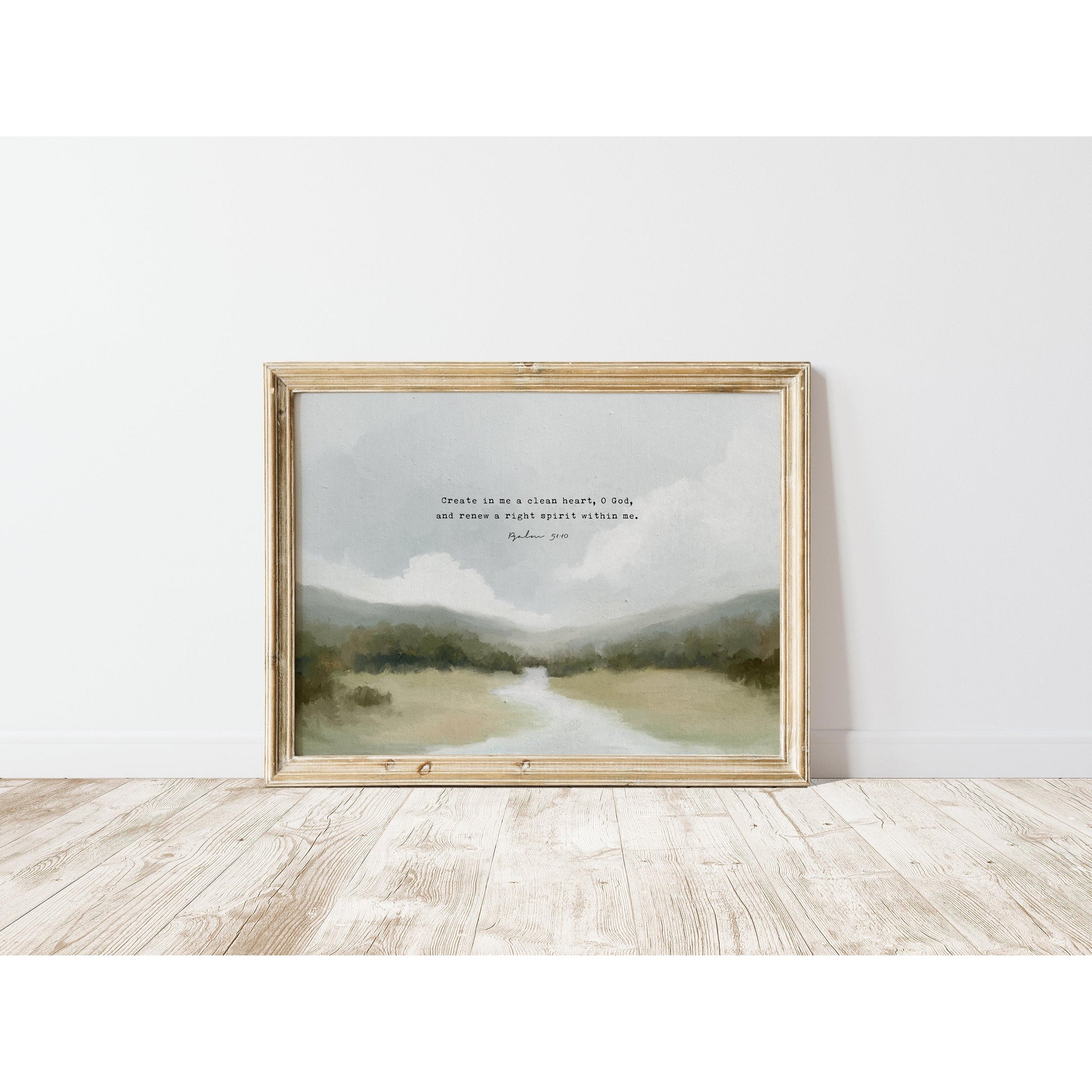 Modern Christian Art | Vintage Landscape with Psalm 51:10