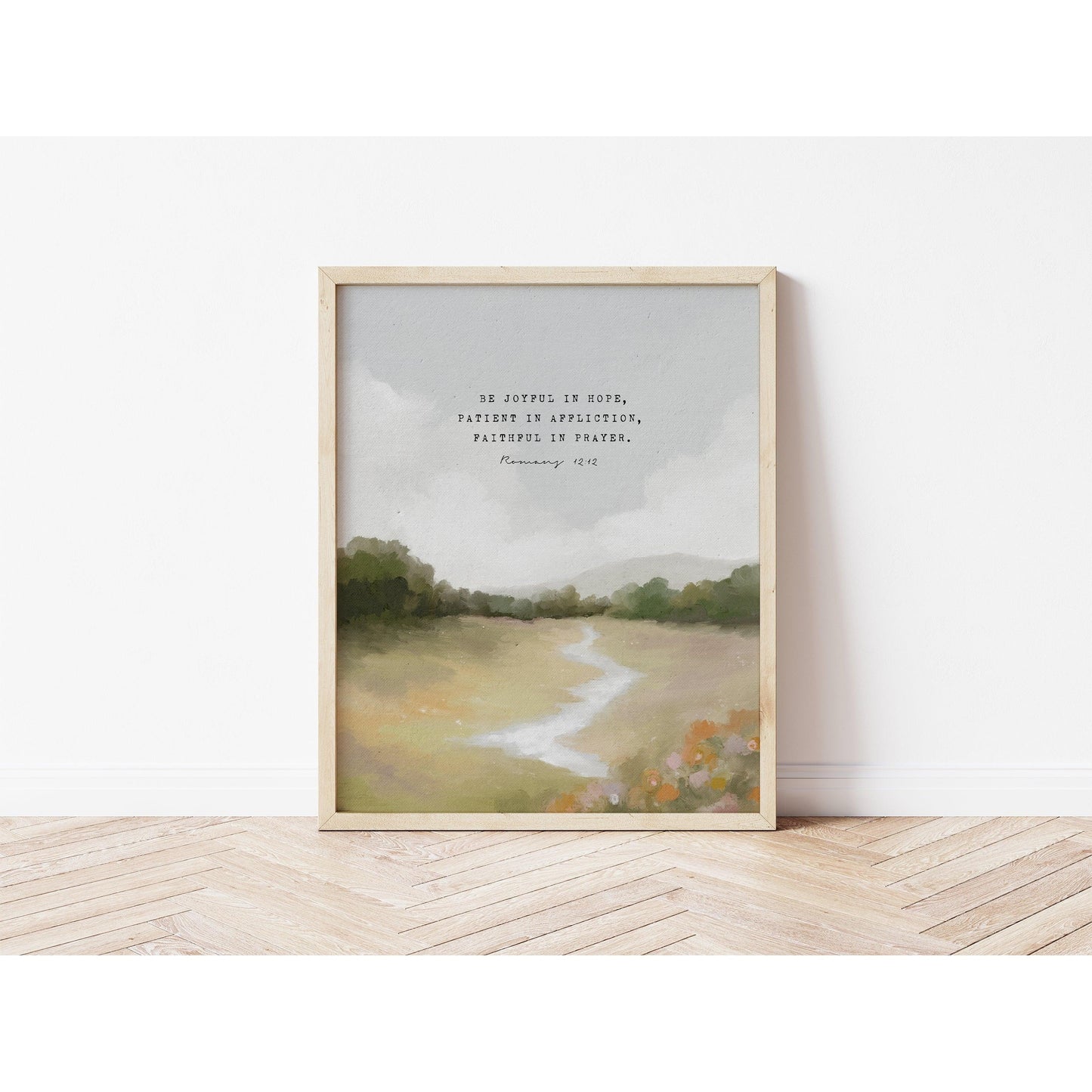 Modern Christian Art | Vintage Landscape with Romans 12:12