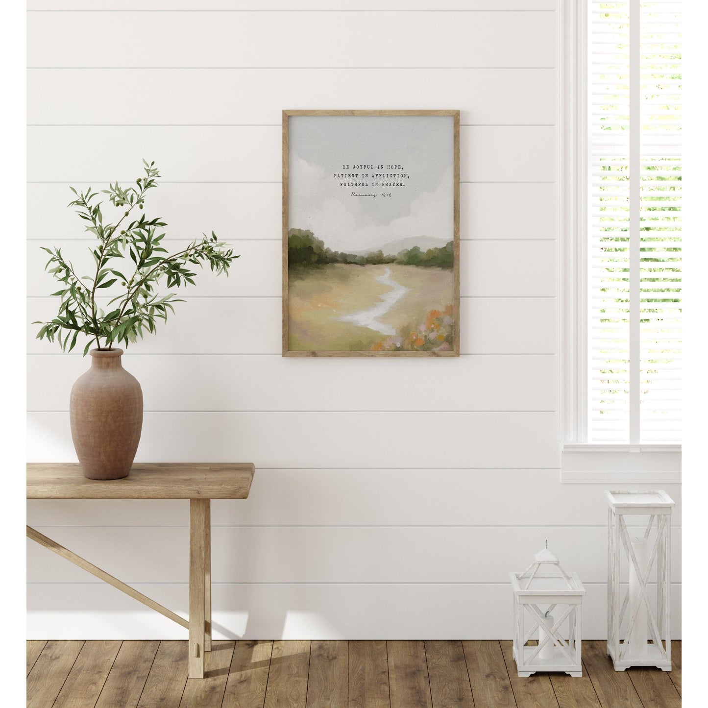 Modern Christian Art | Vintage Landscape with Romans 12:12