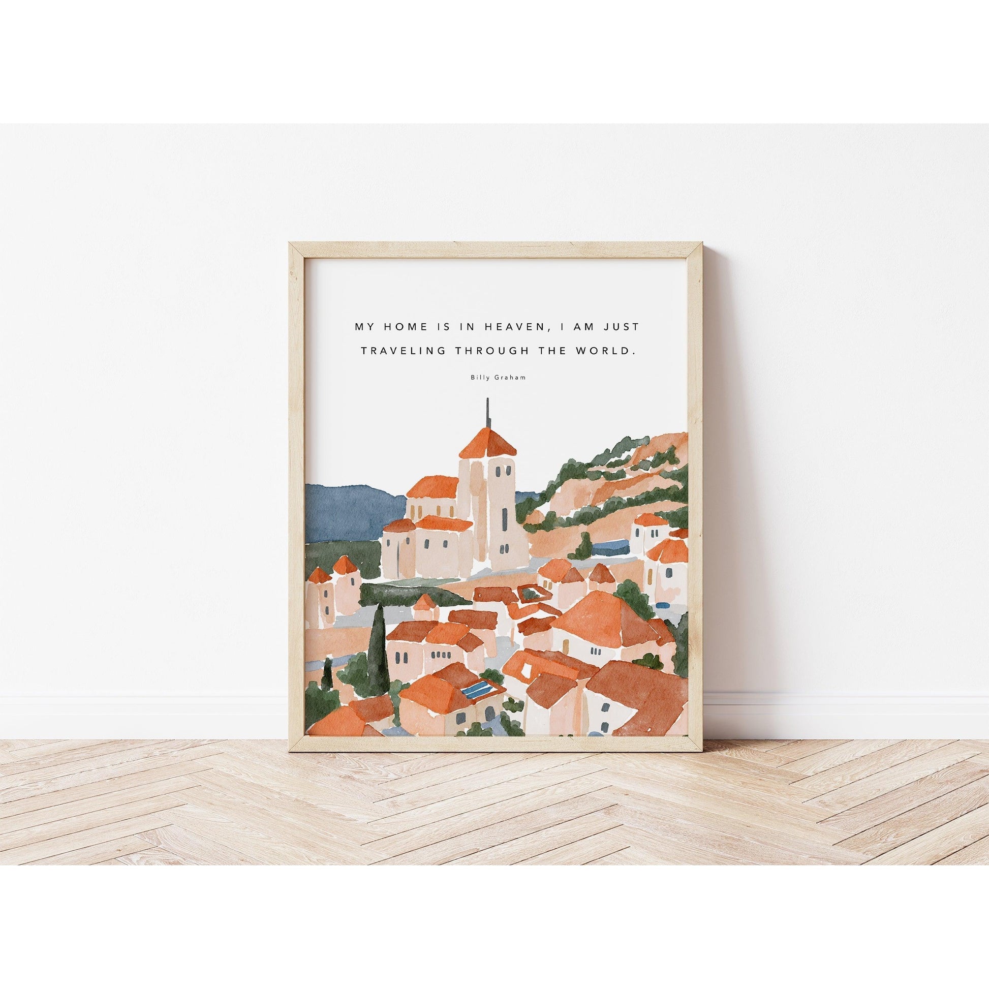 Modern Christian Art - Watercolor City Landscape with Billy Graham Quote