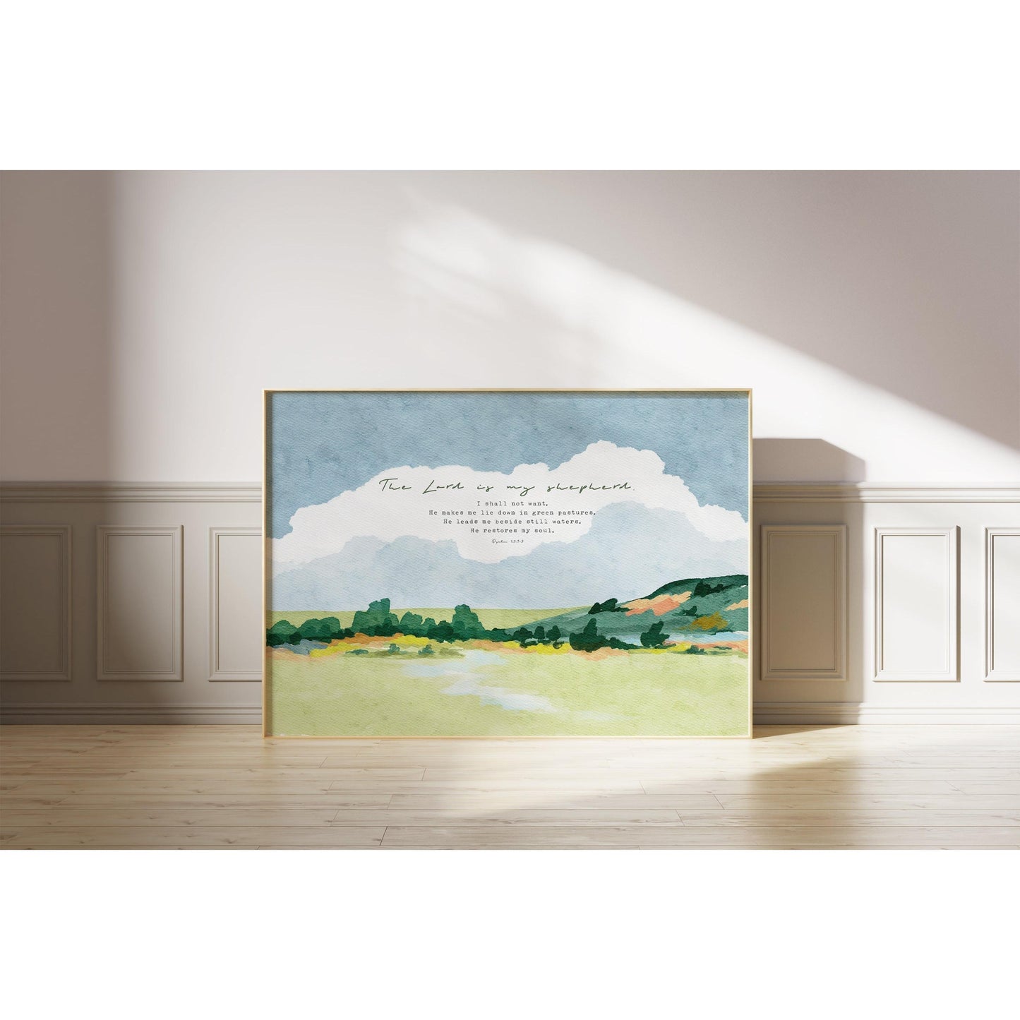Modern Christian Wall Art - Psalm 23 with Watercolor Landscape