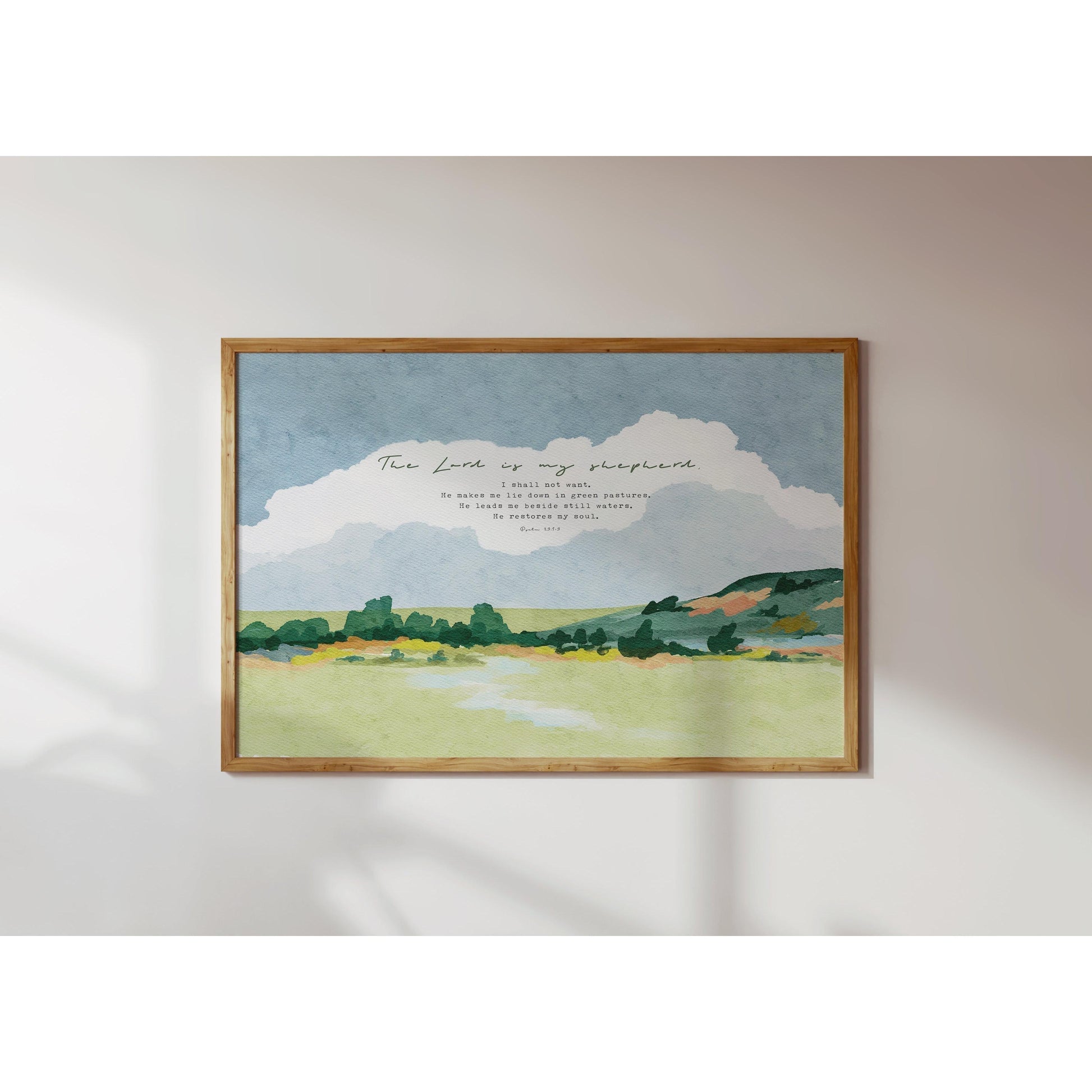 Modern Christian Wall Art - Psalm 23 with Watercolor Landscape