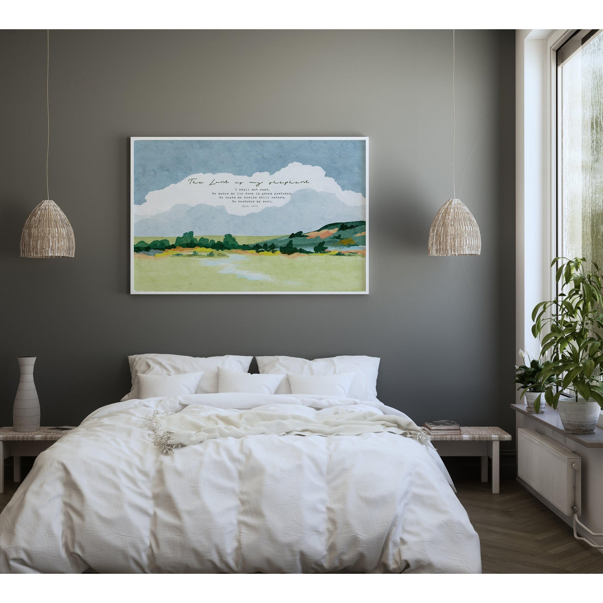 Modern Christian Wall Art - Psalm 23 with Watercolor Landscape