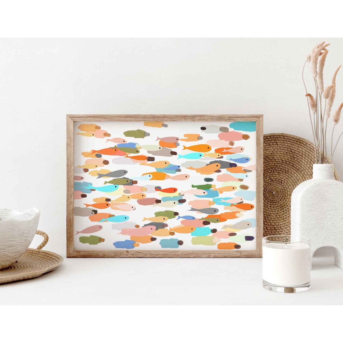 Modern Minimalist Christian Art - Colorful Fish and People