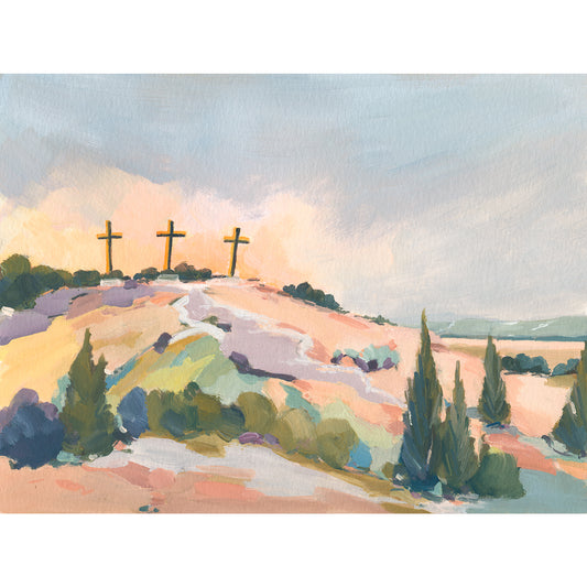 Hill of Hope three crosses oil painting on hill at sunset