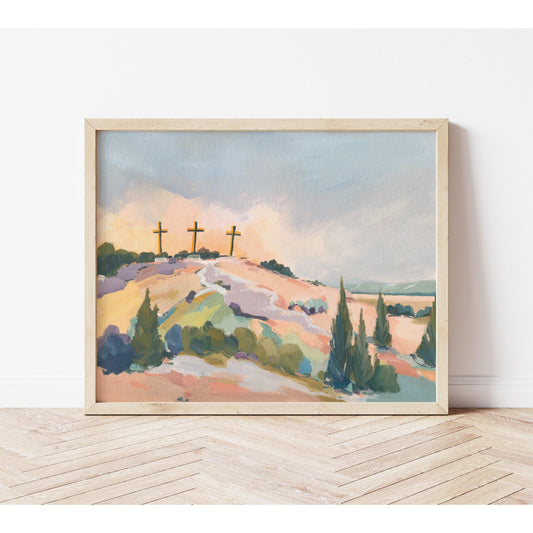 Hill of Hope three crosses oil-style painting on hill at sunset