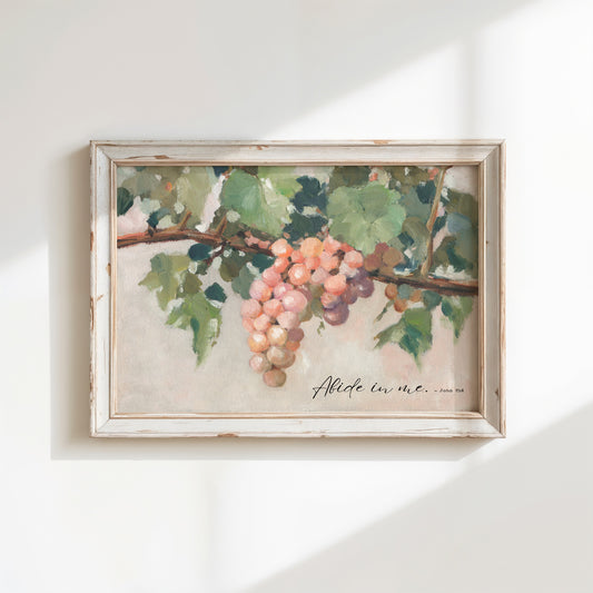 Modern vintage grapevine art print with John 15:4 scripture verse