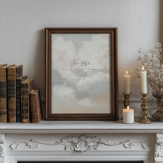 Christian Wall Art Print | Psalm 46:10 Modern Vintage Decor | Sky Clouds “Be Still & Know”